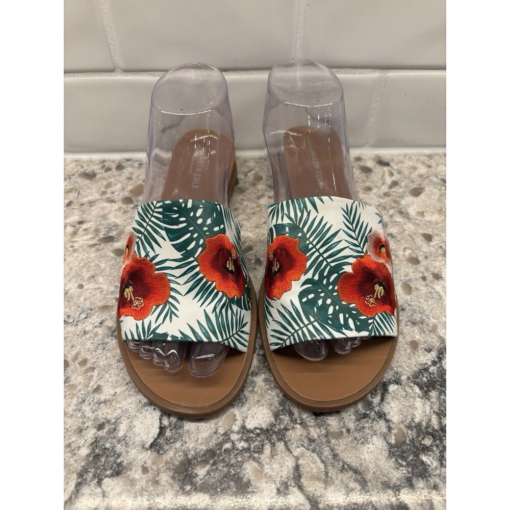 Kenneth Cole Women’s 8.5 Joanne Embroidered Slides Flats Red Palm Print Resort - Picture 1 of 8